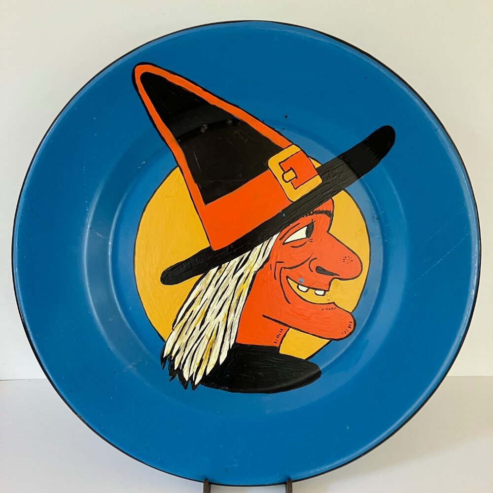 Beistle H.E. Luhrs Witch Halloween Blue Enamel Plate